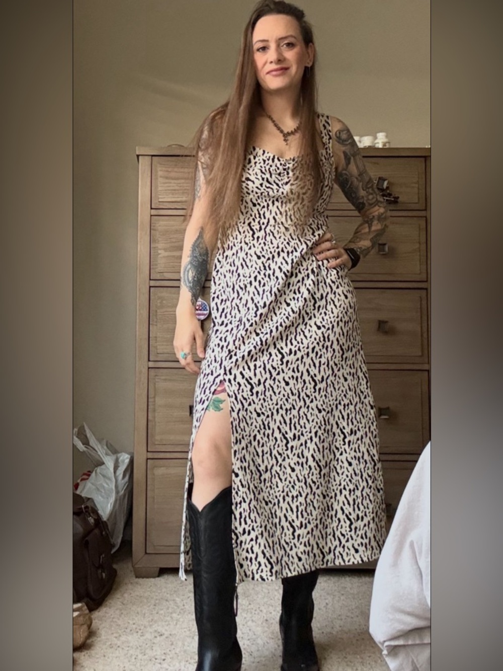 Dorothy Perkins Ivory and Black Animal Print Maxi Slip Dress Size 8